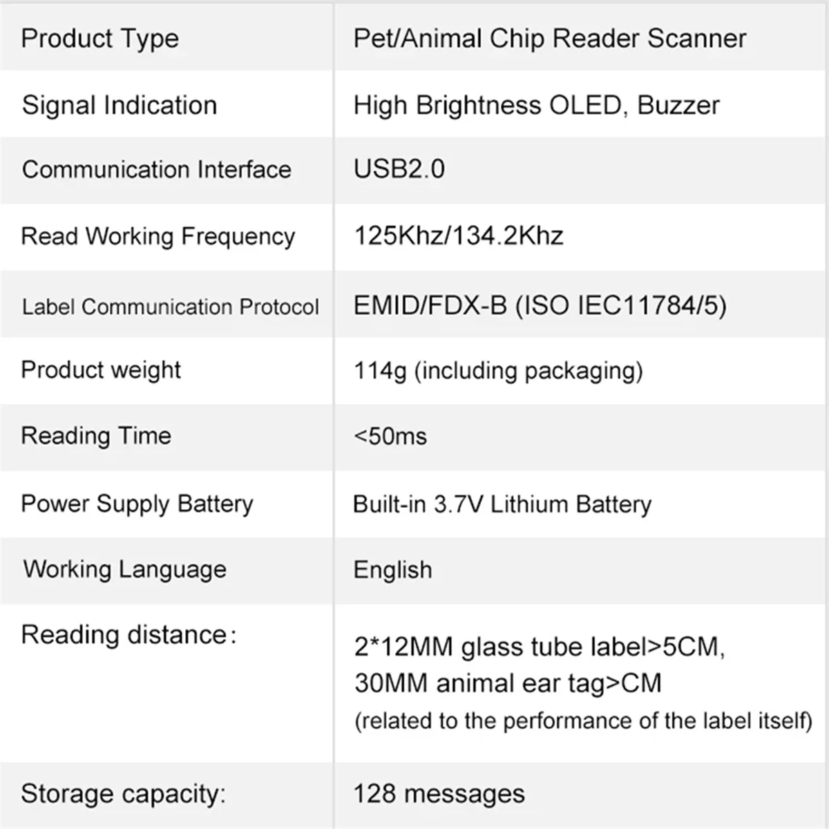 USB RFID palmare Minichip Pet Scanner per animali Fdx-B ISO11784/5 animale Pet ID Reader Chip per cane gatto cavallo