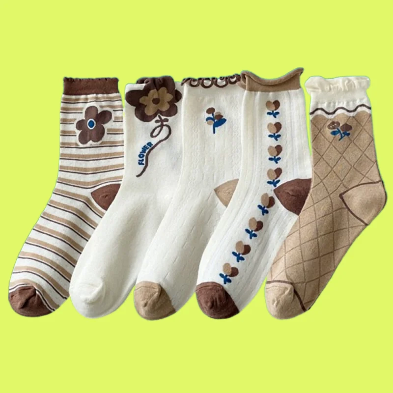 5/10 Pairs High Quality Cartoon Mid-tube Pile Socks Comfort Casual Versatile Cotton Socks Trendy Three-dimensional Flower Socks