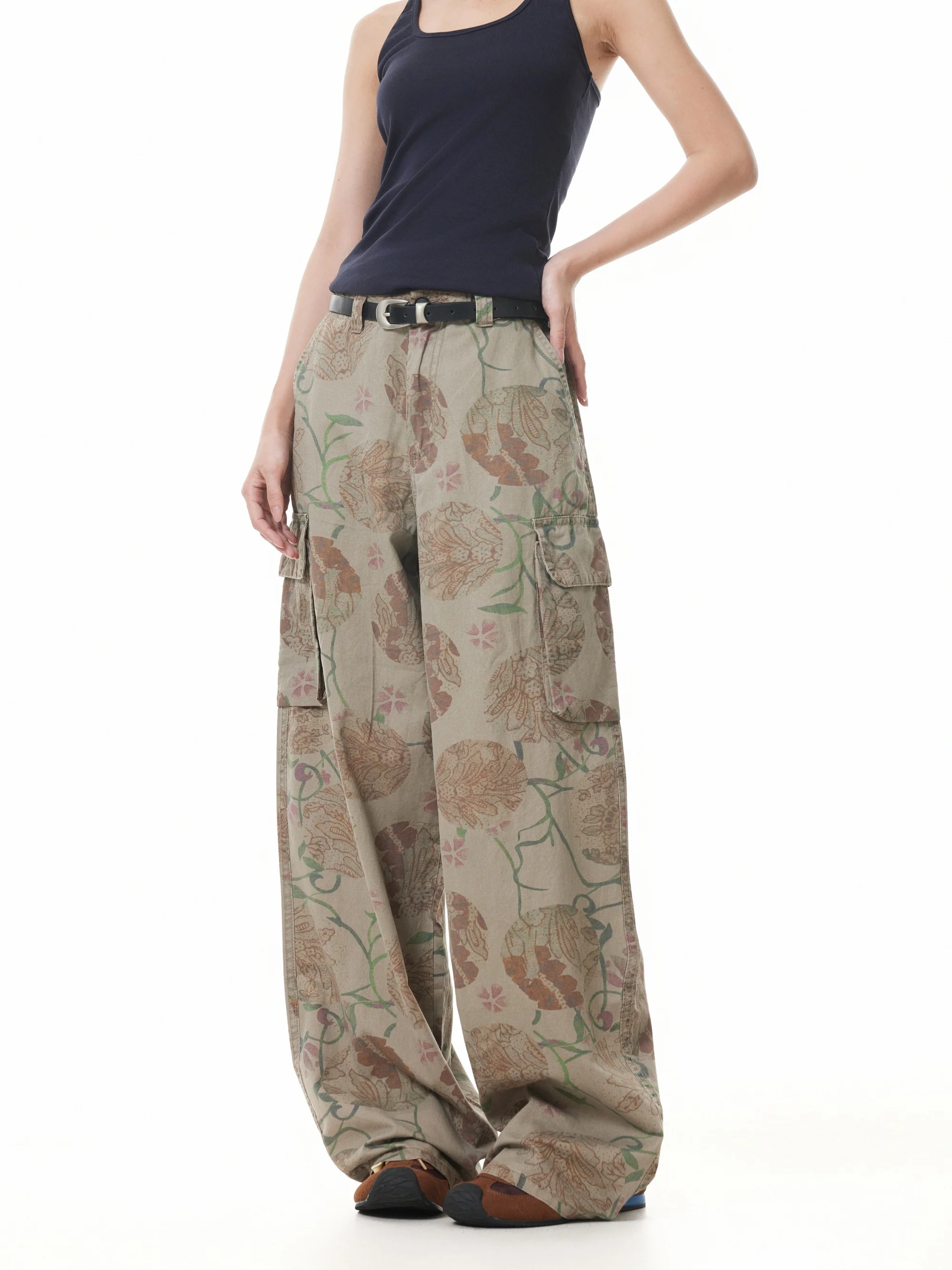 Amerikaanse retro bloem volledig bedrukte cargobroek met meerdere zakken Niche hiphop straat losse wijde pijpen casual mode