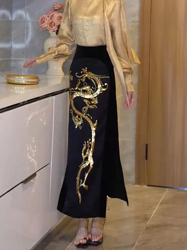 Ele Dragon Pattern Borduurwerk Hoge taille Asymmetrische split-bodycon rok voor herfst-winterseizoen Nieuwe retro Chinese Sle