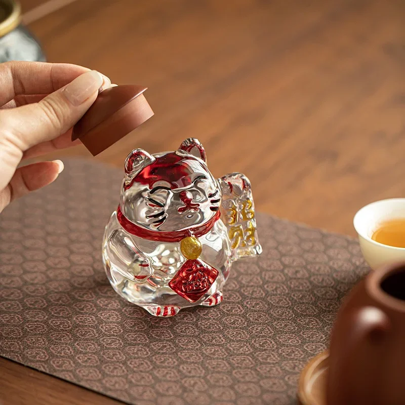 1PC Creative Holiday Gifts Lucky Cat Gradual Change Symphony Glass Crystal Red Rhyme Tea Space Tea Pet Cover Tea Table Ornament