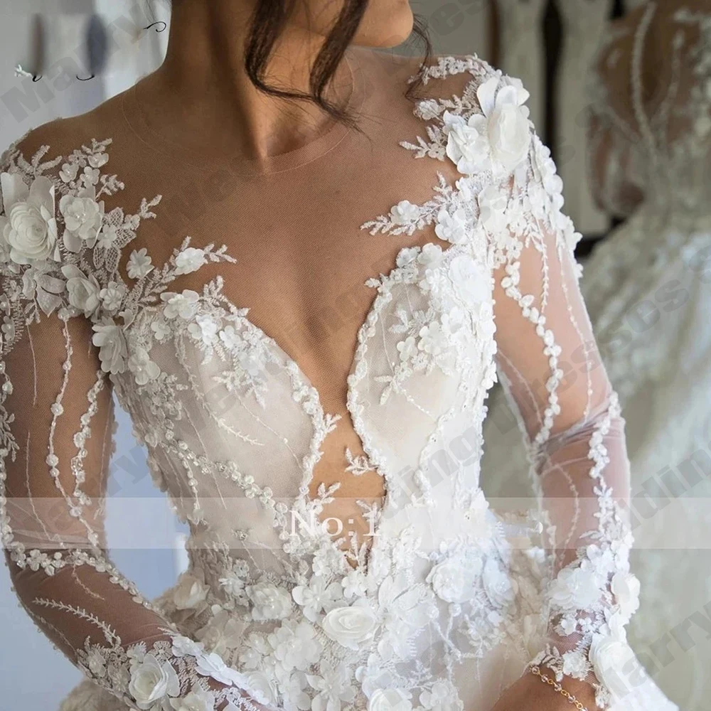 Gorgeous Women's Lace Wedding Dresses Pumpkin Dress 3D Stickers Elegant Round Neck Long Sleeve Princess Bridal Gowns Customized