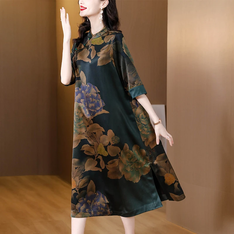 Women Black Print Natural Silk Midi Dress Summer Short Sleeve Elegant Loose Casaul Dress 2024 Korean Vintage Hepburn Vestidos