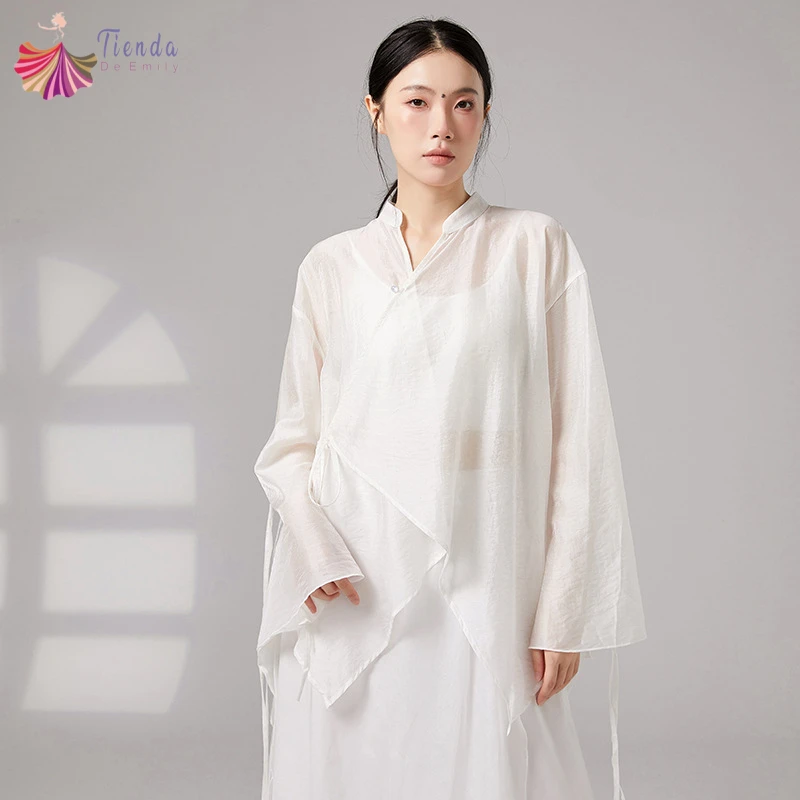 Modern Dance Top Women Stand Collar Asymmetric Oblique Placket Tie Shirt Flare Long Sleeve Sheer Blouse Chinese Style Dancewear