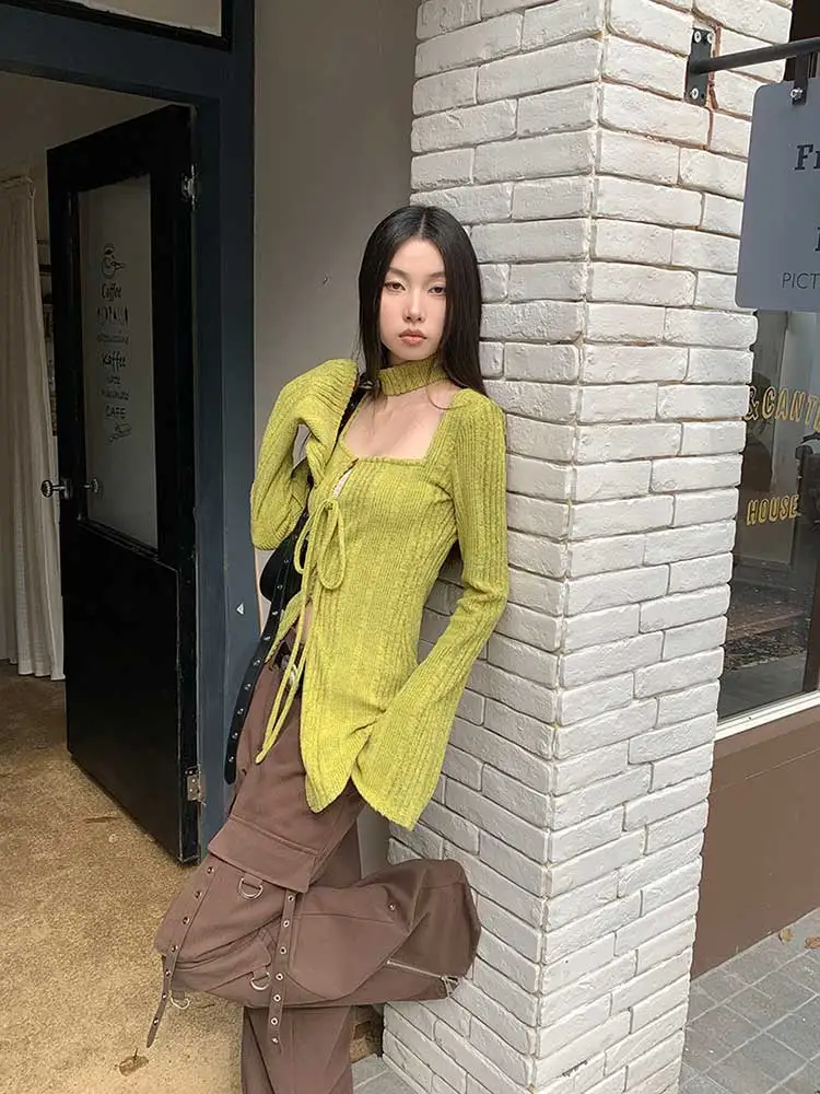 REDDACHiC Women Open Front Sweater with Choker Green Bandage Square Neck Slit Flare Long Sleeves Cardigan Top Retro Y2k Knitwear