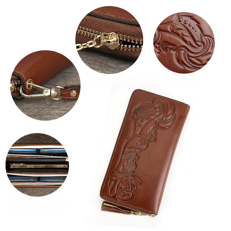 MOTAORA Vintage Women's Leather Wallet 3D Embossed Floral Clutch Bag Genuine Cow Leather Coin Purse Ladies Small Wallet 2025 NEW