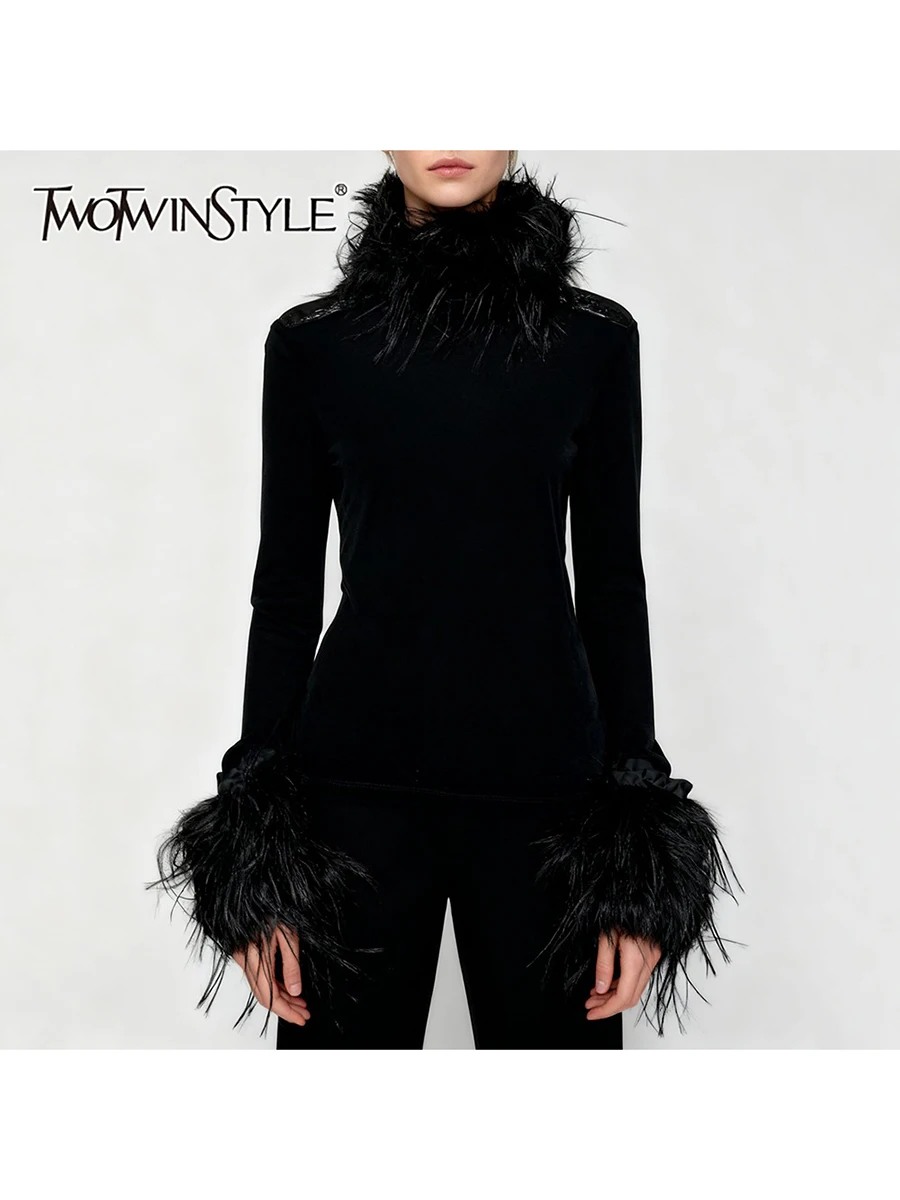 TWOTWINSTYLE Solid Slimming Spliced Feather Fashion T Shirts for Women High Neck Long Sleeves Elegant T Shirt Female Autumn New