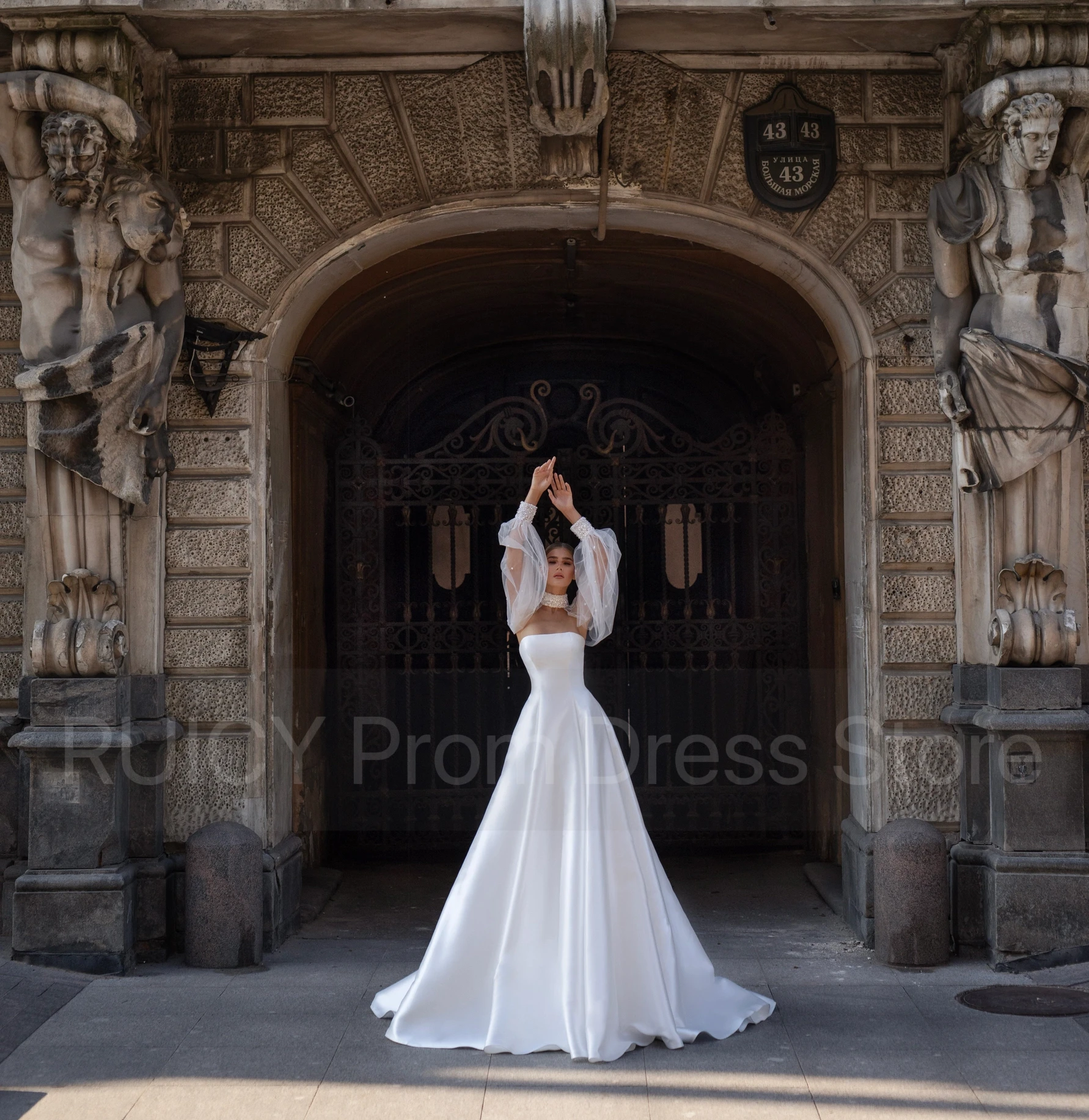 Luxury 2025 Wedding Dresses With Long Sleeve Detachable Pearls Beaded Neck Satin A-line Bridal Gowns For Women robe de mariée