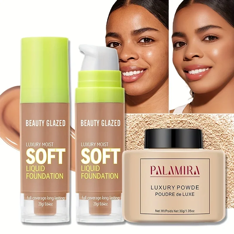 Beauty Glazed Matte Liquid Foundation & Loose Powder Set Full Coverage  Long-Lasting Oil  Control Moisturizing Loose Powder