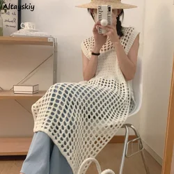 Knitted Midi Dress Women Hollow Out Design Sleeveless Solid Casual French Style Fashion Tender Holiday Summer Chic O-neck Ladies