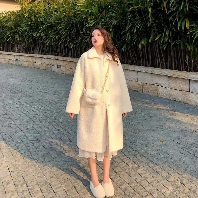 2023 autumn and winter new thick warm cashmere imitation lamb wool coat female loose medium long coat tide