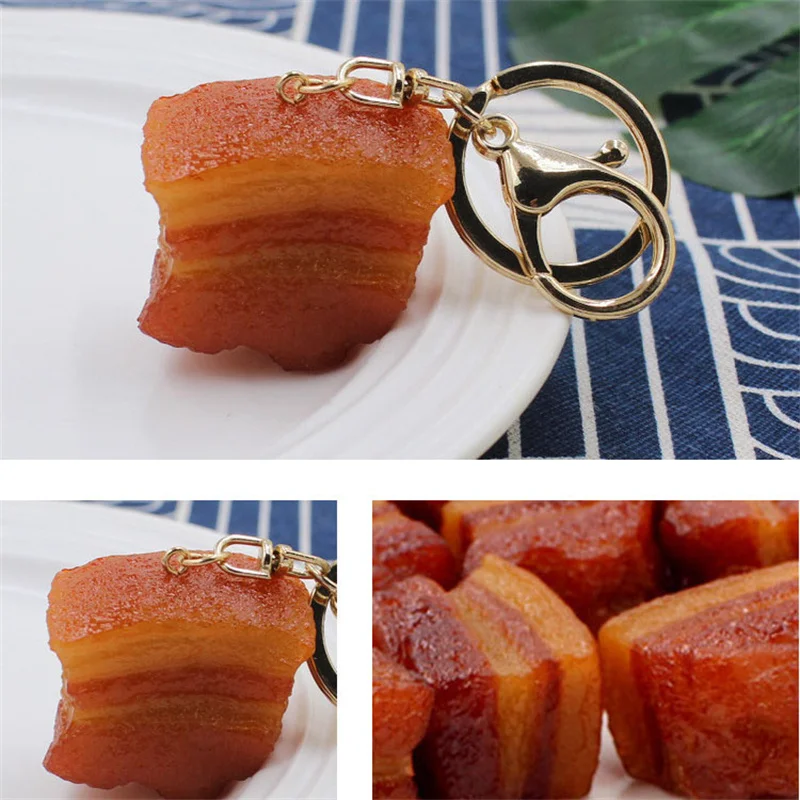 Simulated Food Pendant PVC Braised Pork Belly Model Keychains Car Key ChainPhone Pendant Keyrings Creative Decoration Gift