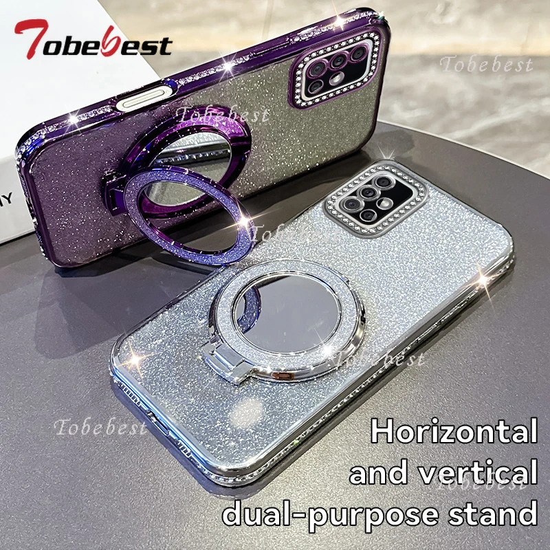 Diamant Glitter Magsafe Spiegel Magnetische Halter Fall Für Samsung Galaxy A21S A31 A51 4G A50 A02S A03S a04 A03 Silikon Abdeckung