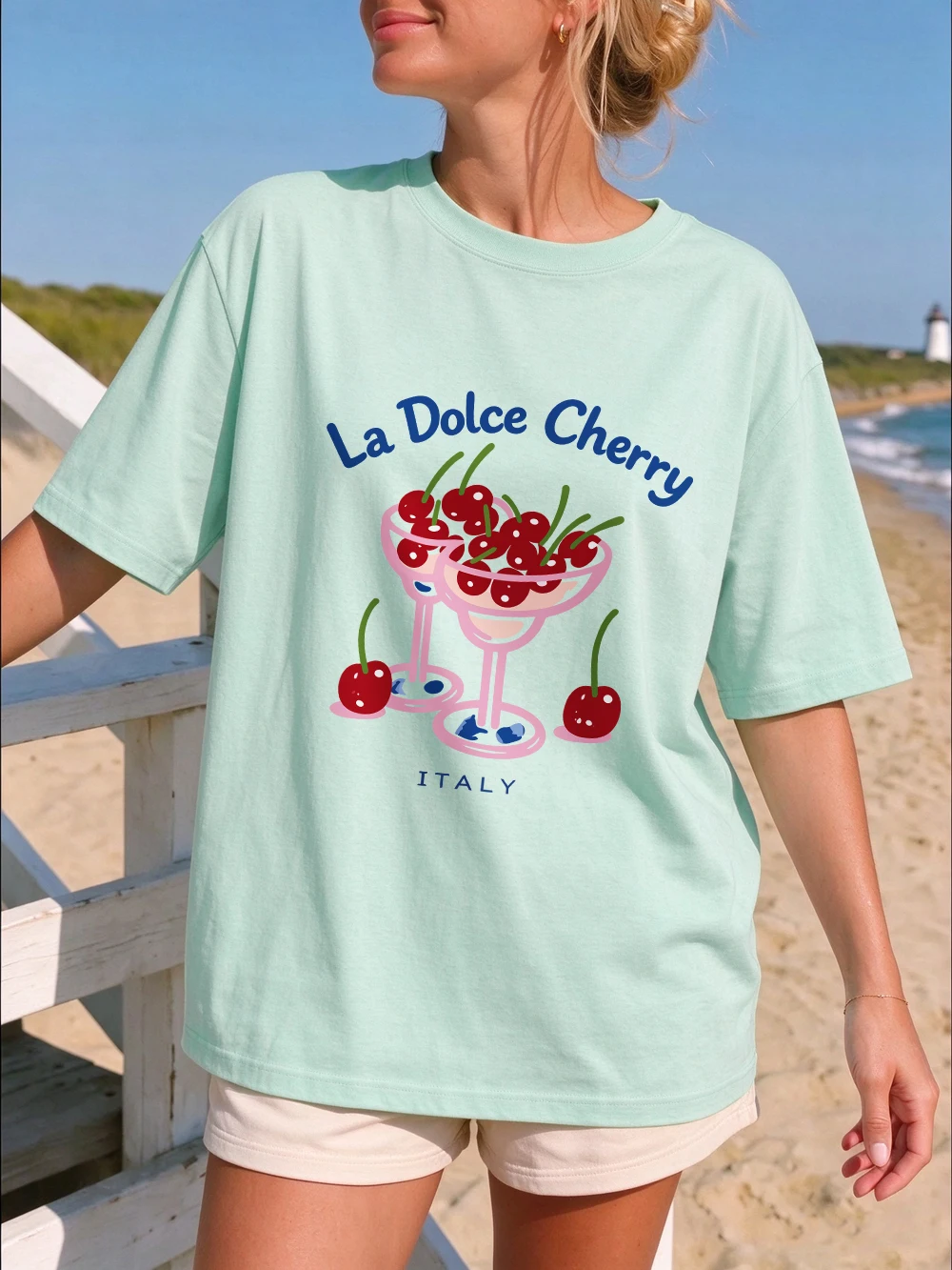 La Dolce Cherry Printed T-Shirts Womens Cotton Summer Short Sleeve T Shirts Casual O-Neck Oversized Tops Basic Soft Clothes