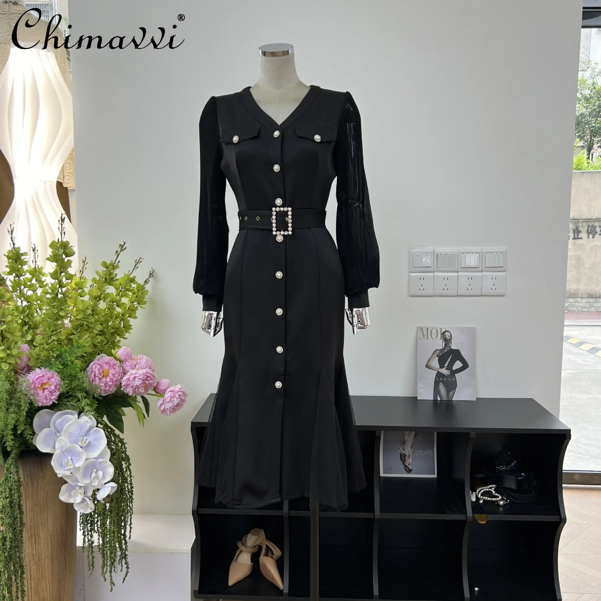 

French Elegant V-neck Spliced Long Sleeve Single-breasted High Waist Belt Slim Black Fishtail Evening Dress Women Spring 2025