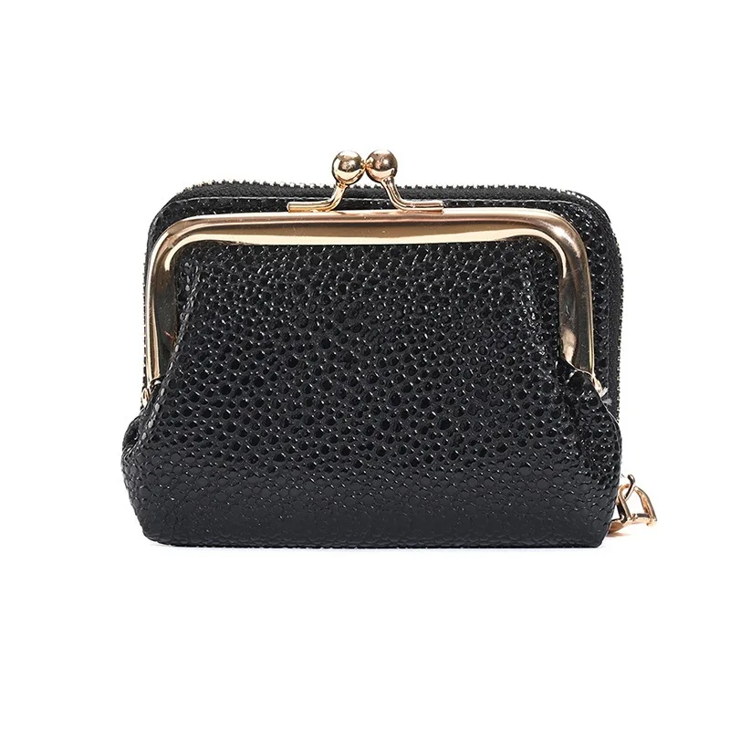 Womens Litchi Grain Coin Purse Japanese Korean Design Short Card Wallet 2023 Fashion Metal Clip‑On Pouch For Daily Small Items