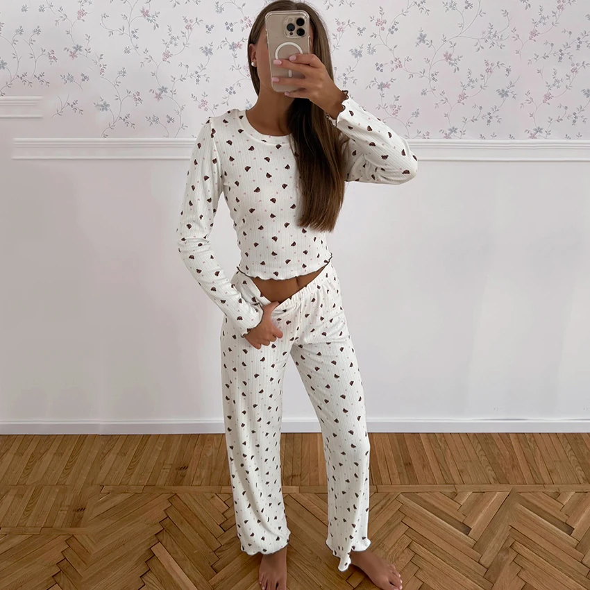 

HiLoc Home Print Knit Pajamas Suit For Woman Cute Ruffles O Neck Tee With Elastic Waist Pants 2 Piece Set 2025 Casual Outfits