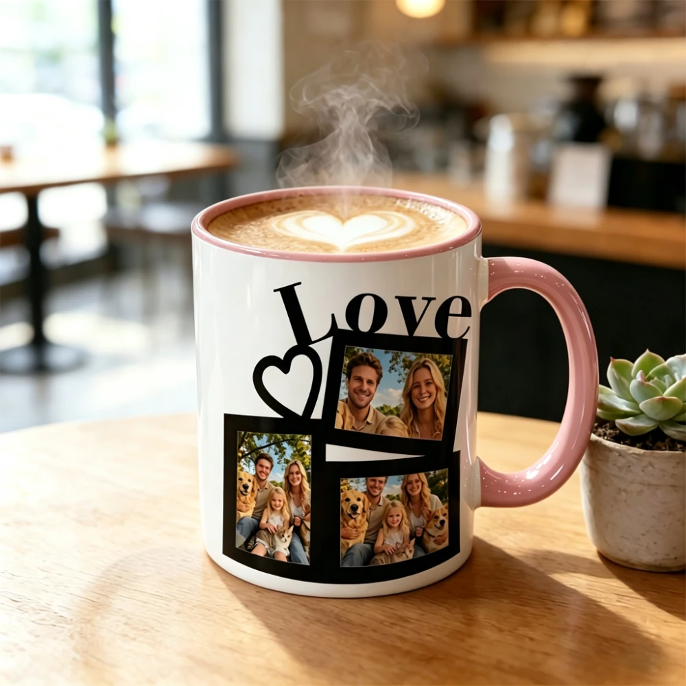 Custom image 1pc Custom heart three-grid photo collage mug, can customize three different photos, heart Love font, can customize