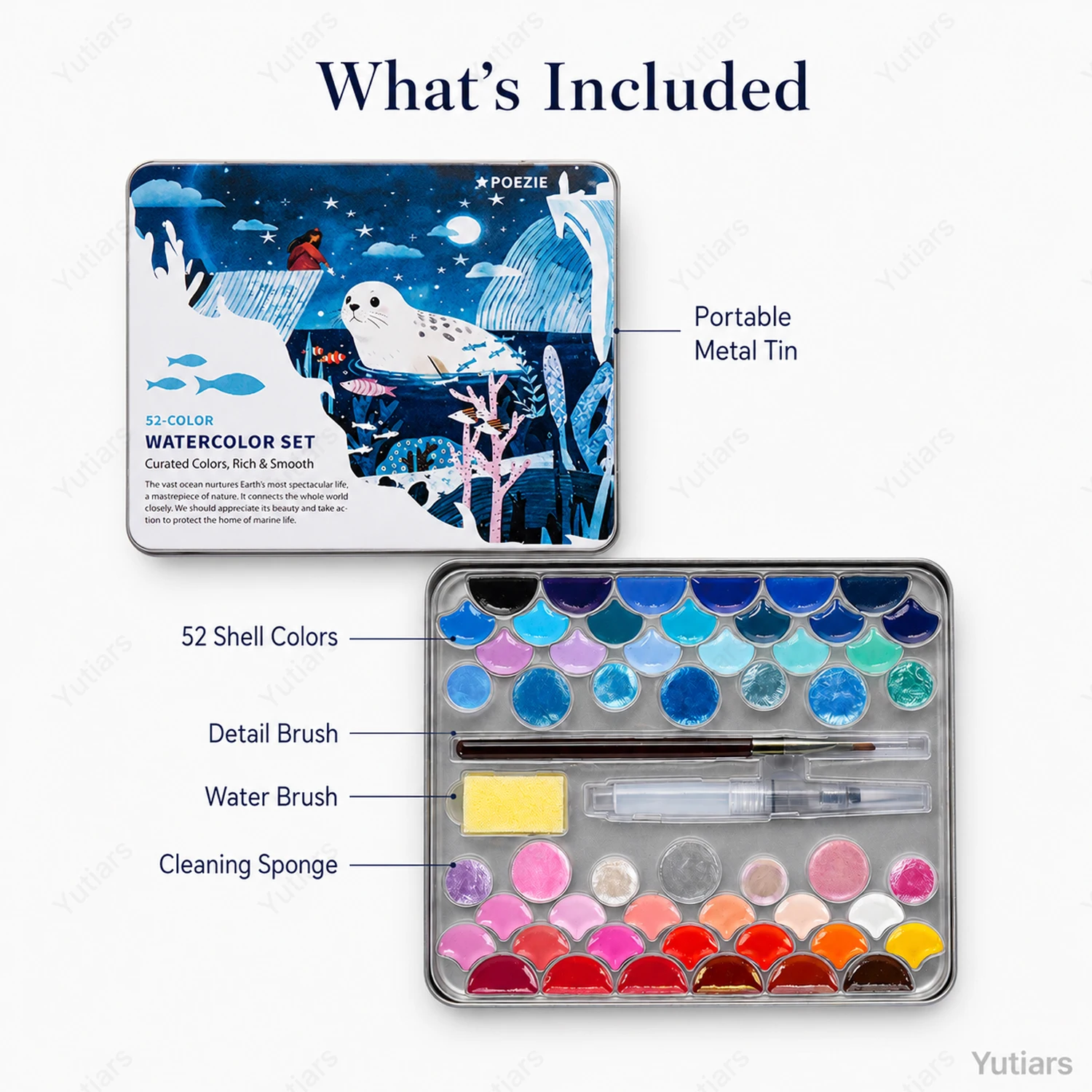 Ocean Theme 52 Color Watercolor Paint Kit with Shell-Shaped Pans, Detachable Metal Tin, Brushes and Sponge for Art Painting