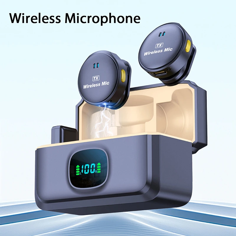 Micrófono de solapa profesional inalámbrico doble con clip de botón para iPhone Android, celular, PC y audio
