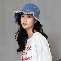 Women Summer Tassel Washed Denim Bucket Hats Fashion Ladies Wide Brim Foldable Panama Cap Outdoor Beach Fisherman Hat Unisex