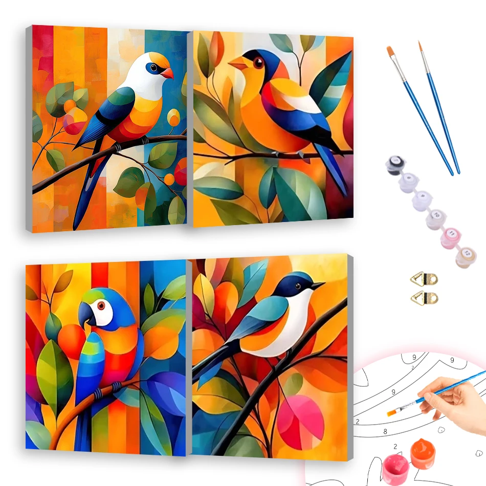 

RUOPOTY Oil Painting By Numbers Abstract brightly colored birds 20x20cm ready Frame Acrylic Picture Drawing For Beginner Simple