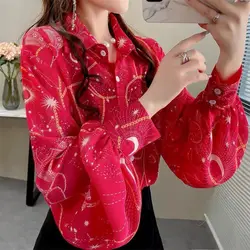 Long Puff sleeve Chic Red Blouse Women Oversize Lady Casual Button up Shirt Female Elegant Top 2024 New