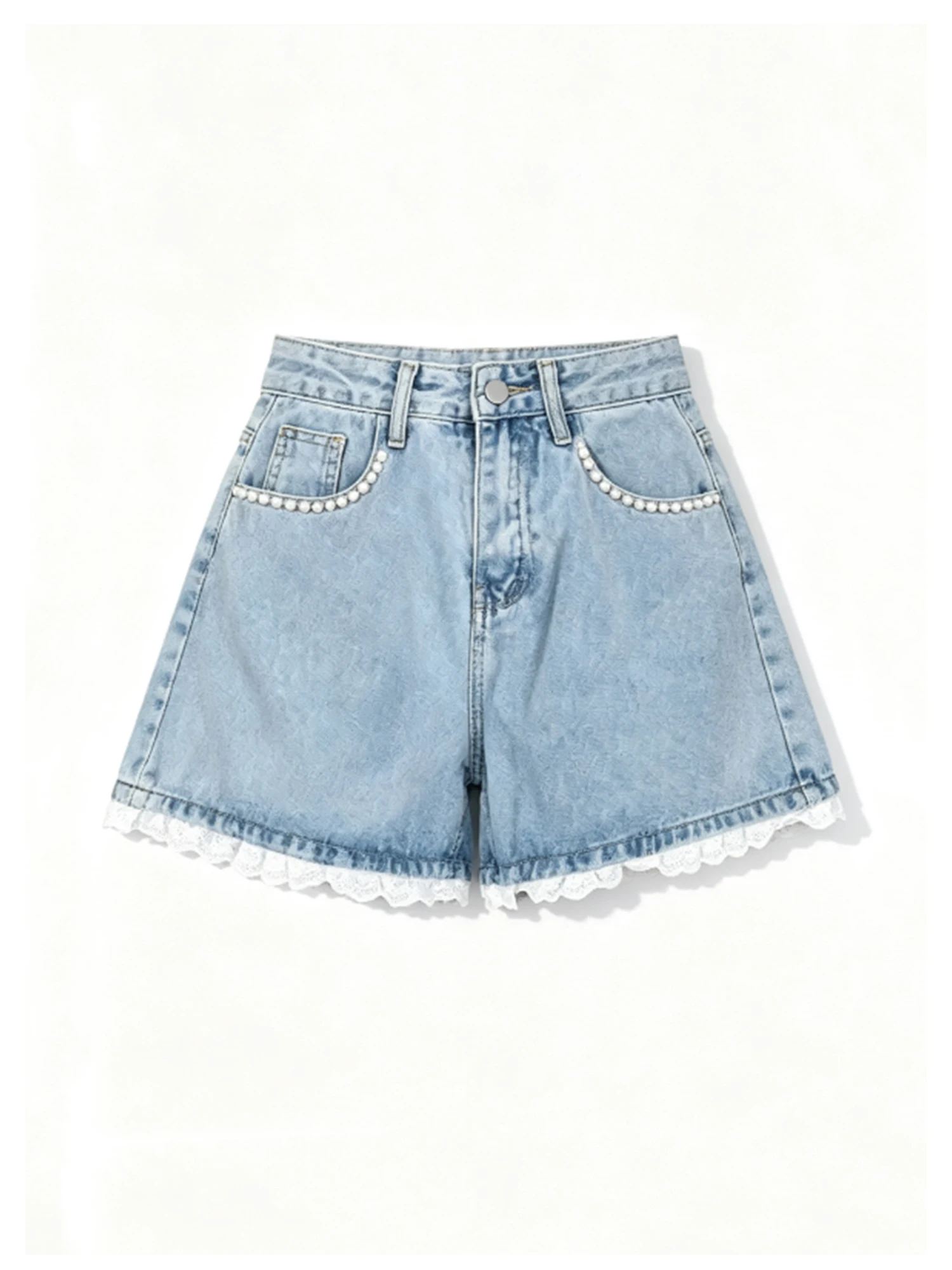 Women's Blue Lace Patchwork High Waist Denim Shorts Y2K Gyaru Micro Cowboy Shorts Vintage Loose A-line Jean Pants Summer 2026