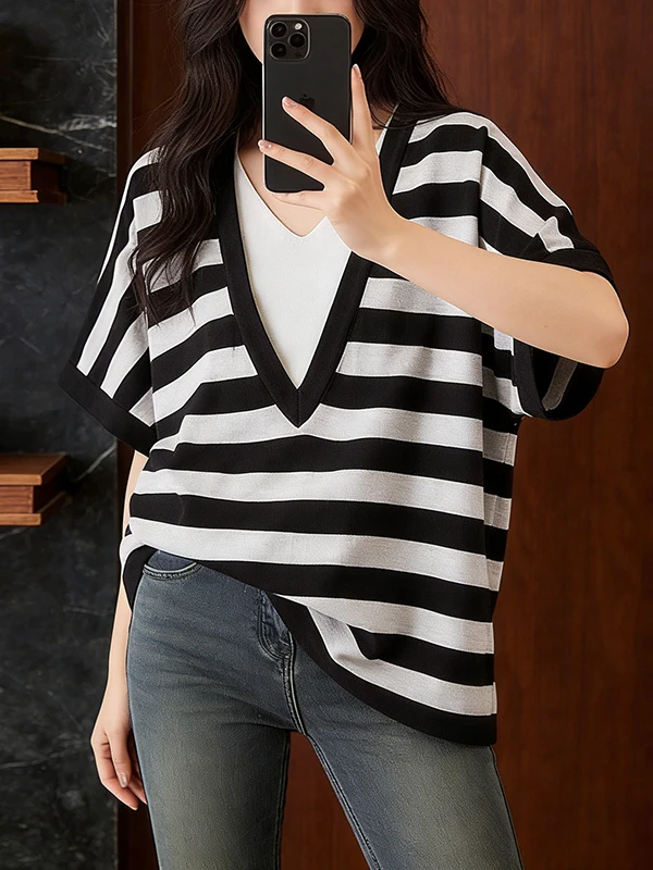 

plus Size Striped V-Neck Short Sleeve Knitwear Women's Summer New Loose Slimming T-Shirt Top Korean Style Casual Cotton Blend
