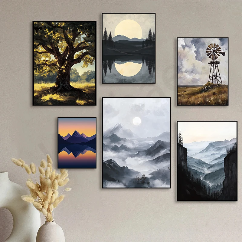 Four Seasons Landscape Farm Garden Tranquil River Canoe Mountain Peak Poster Canvas Paintings Paint Wall  Pictures Home Decor
