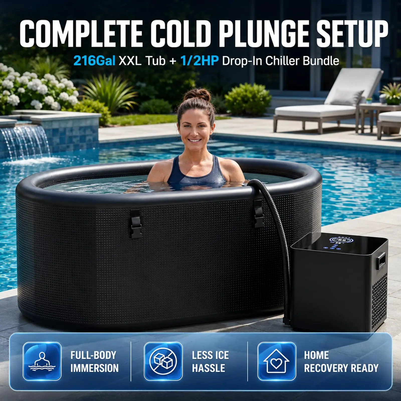 Ice Bath Chiller & Cold Plunge Tub Bundle, 216Gal XXL Ice Bath Tub, 1/2HP Drop-In Cold Plunge Chiller, WiFi App &