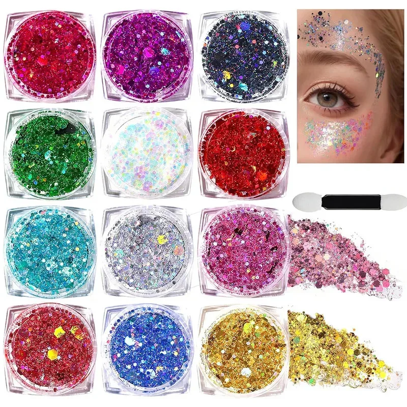 English: 12 Colors Face & Body Glitter Gel Holographic Sparkle Sequins Makeup for Party Festival Bar Halloween Cosmetic