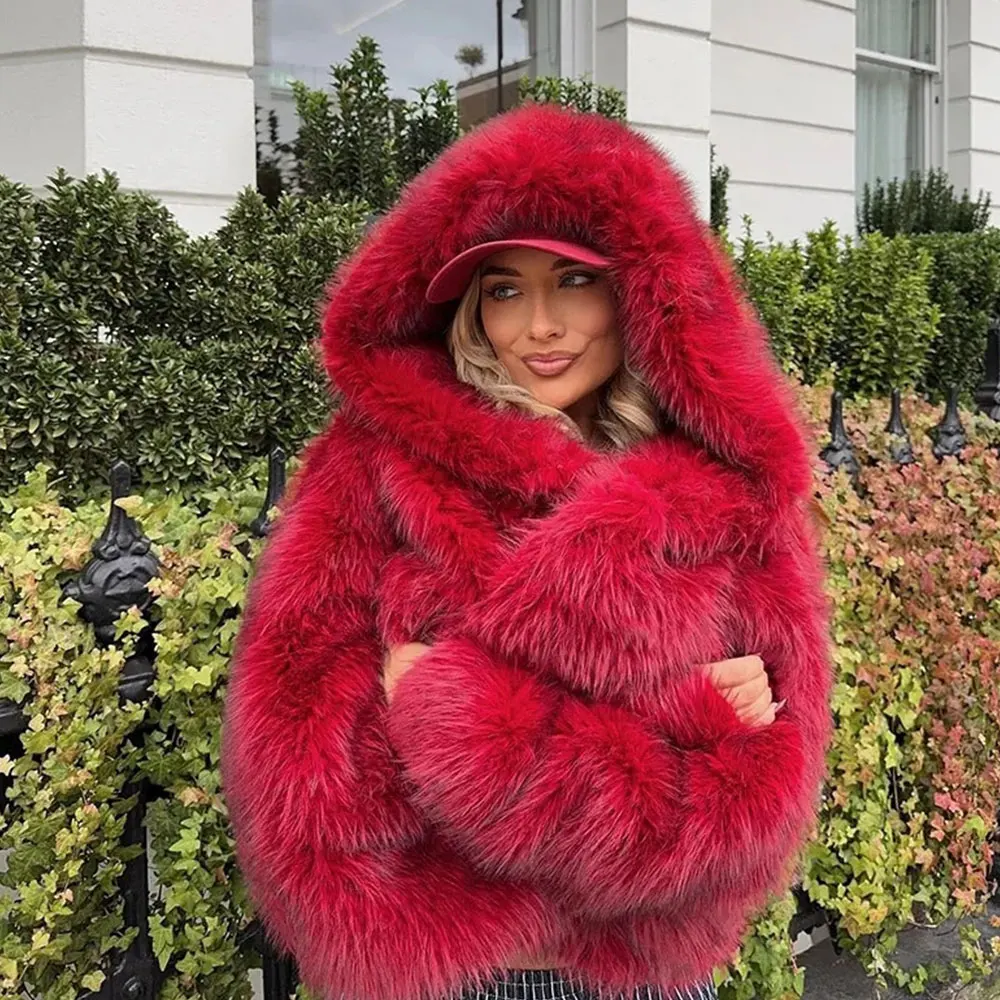 

Hooded Female Coats 2024 Women Faux Fur Coat Fashion Warm Winter Furry Long Sleeve Loose Fluffy Short Fur Jacket Ladies Outwear