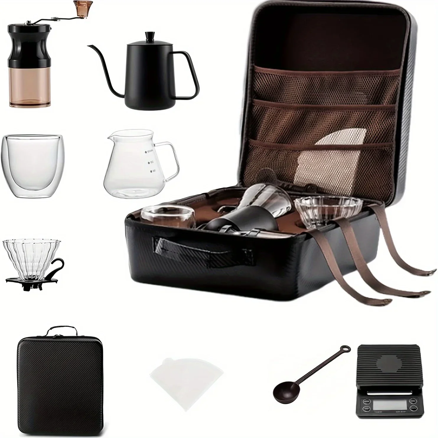 Portable Outdoor Coffee Maker Set with ABS Material, Manual Glass Pour Over Coffee Kit, Stainless Steel Manual Coffee Grinder