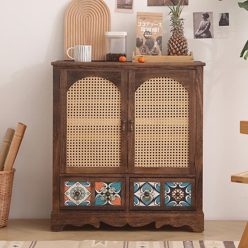 

Vintage Rattan Bucket Cabinet Solid Wood Large Capacity Storage for Porch Shoe Cabinet with Drawers