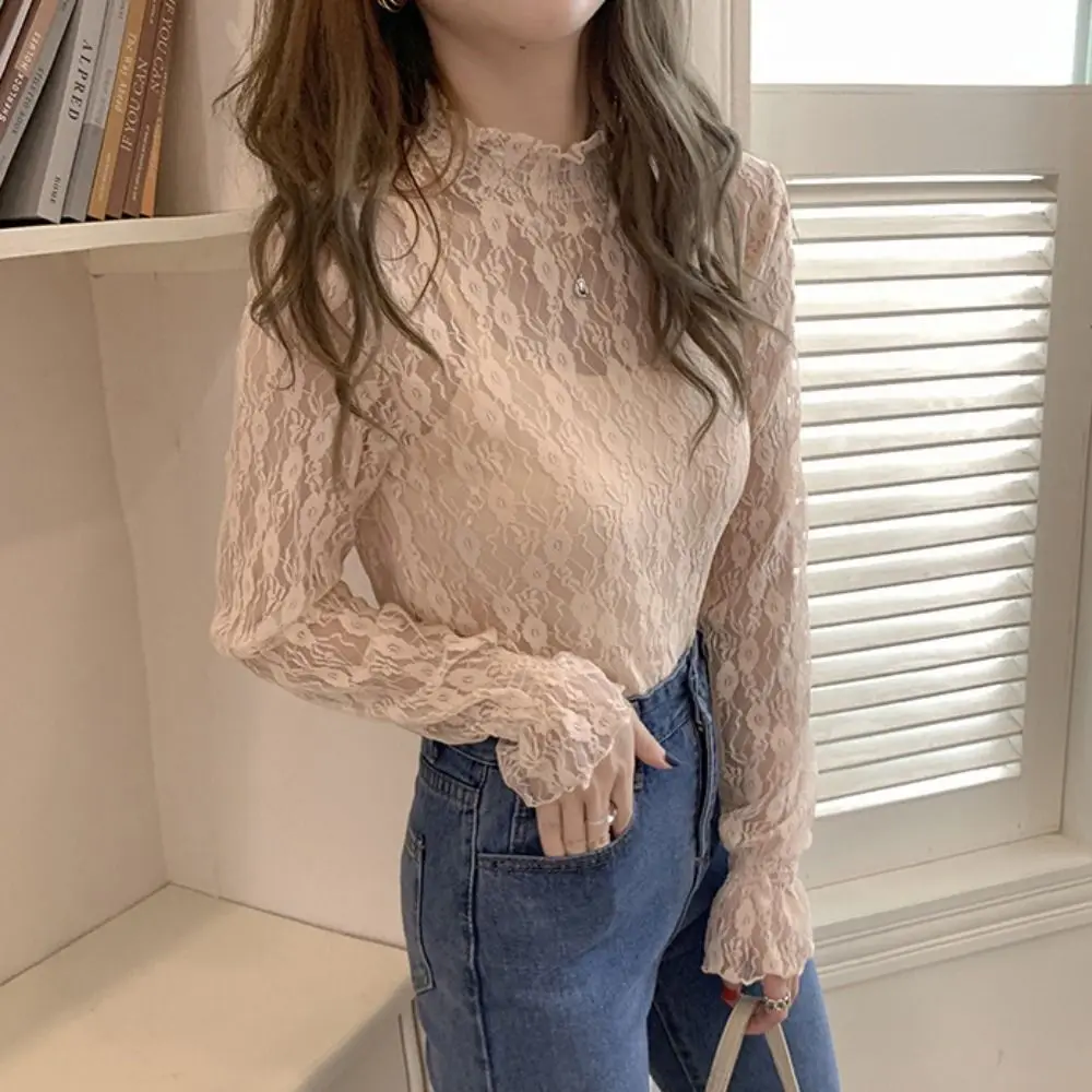 Half High Collar Lace Flower Top Dot Blouse Long Sleeved Mesh T-Shirts See Through Streetwear Transparent Pullover Top Women