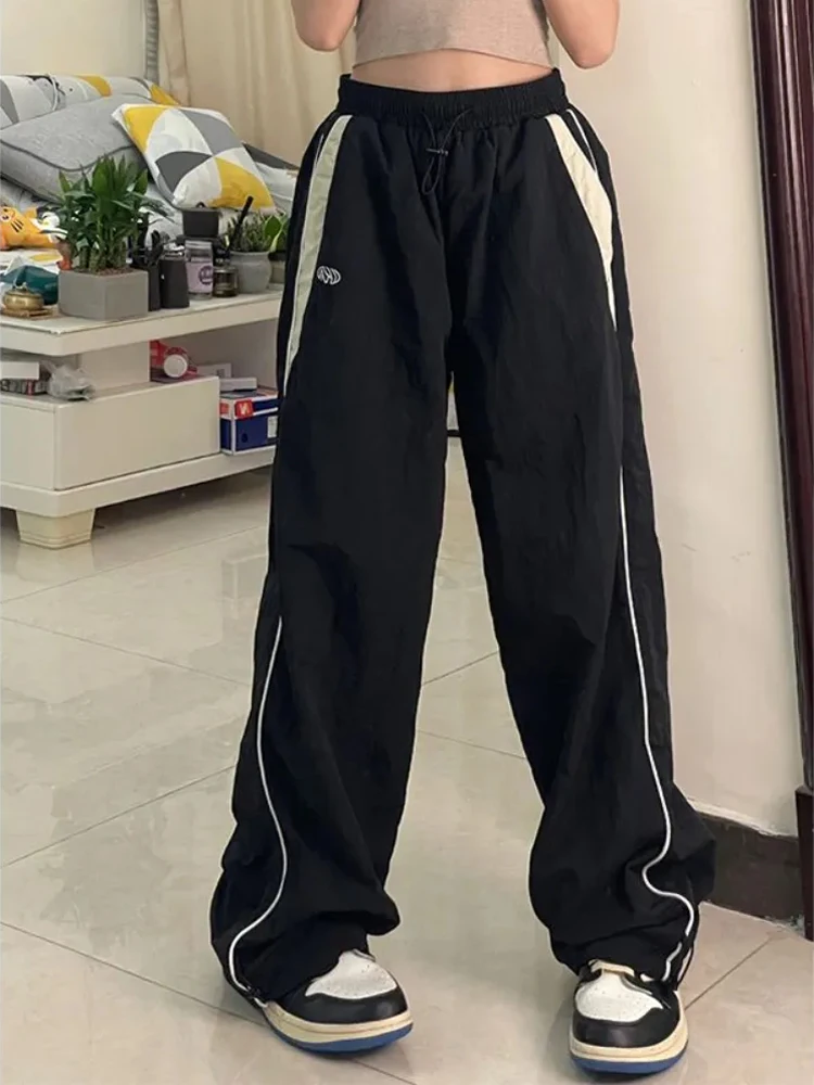 Y2K Women Vintage Black Korean Harajuku Baggy Parachute Track Pants Oversized Sweatpants Wide Leg Joggers Trousers 2000s Clothes