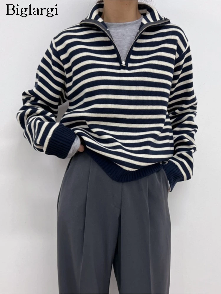 

Knitted Autumn Pullover Sweater Women Striped Print Korean Style Loose Ladies Sweaters Fashion Casual Woman Sweaters Tops