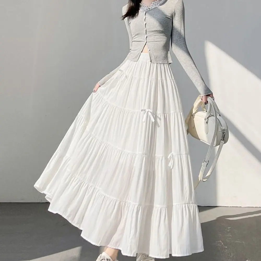 خمر Bowknot المتدرج ميدي تنورة مطوي عالية الخصر كعكة طويلة ألف خط التنانير بلون شيك سبع نقاط فستان طويل شيك #1