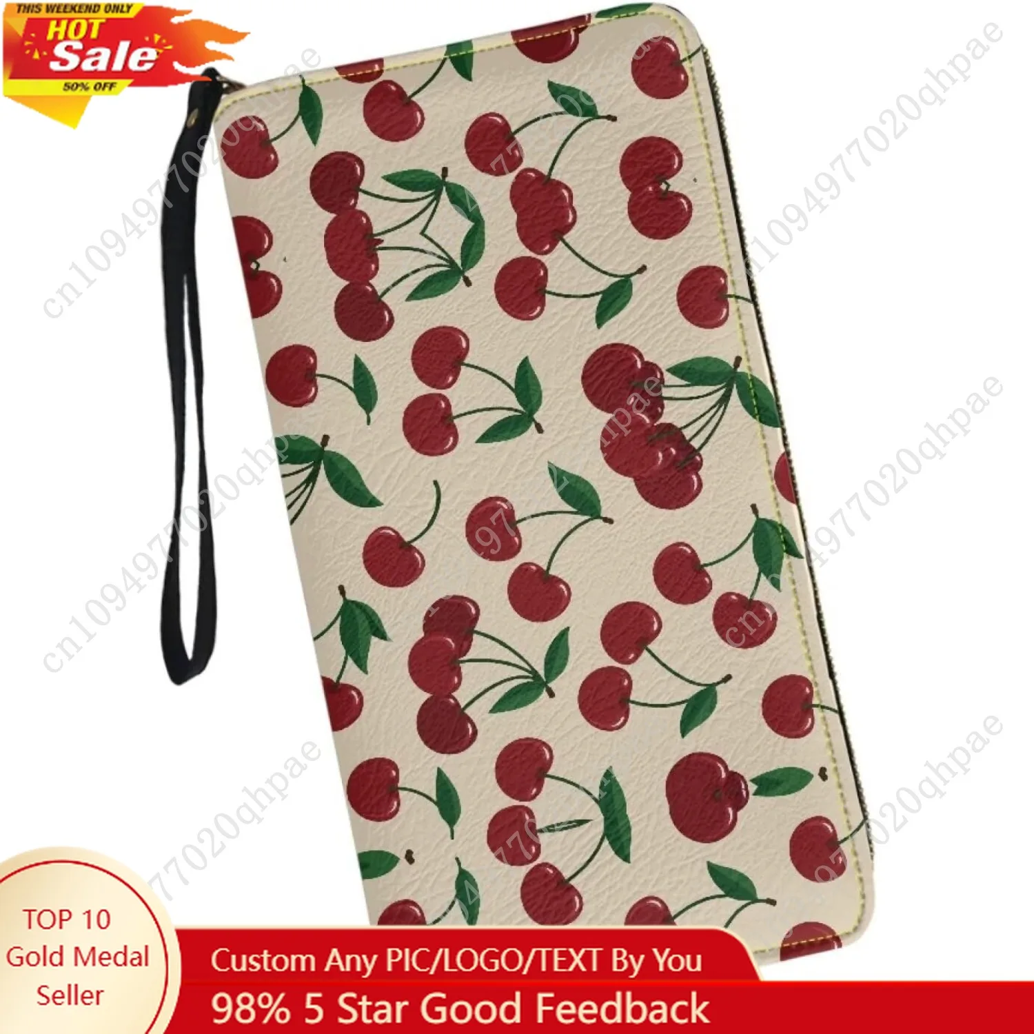 

Women's Zip Around Wallet Wristlet PU Leather Waterproof Durable Clutch Wallet with Vintage Cherry Print Large Capacity Credit C