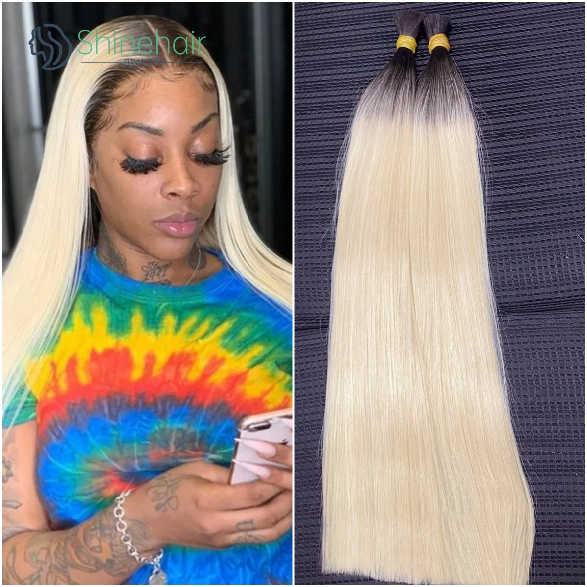 100% Human Hair Extensions Raw Hair Bulk No Weft Straight 1B 613 Ombre Blonde Human Hair for Braiding Brazilian Remy Hair 30 in