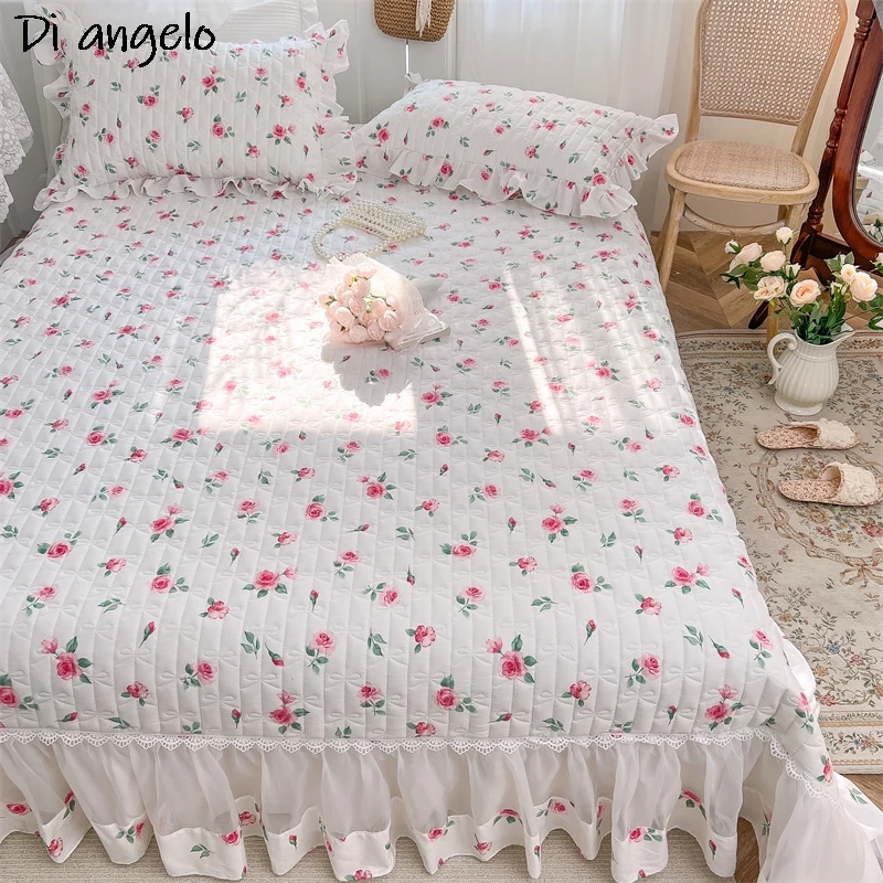 High Quality Organza Cotton Thicken Bed Cover Quilted Princess Lace Bed Skirt Bed Sheet Bedspread Mattress Cover Pillowcases #/