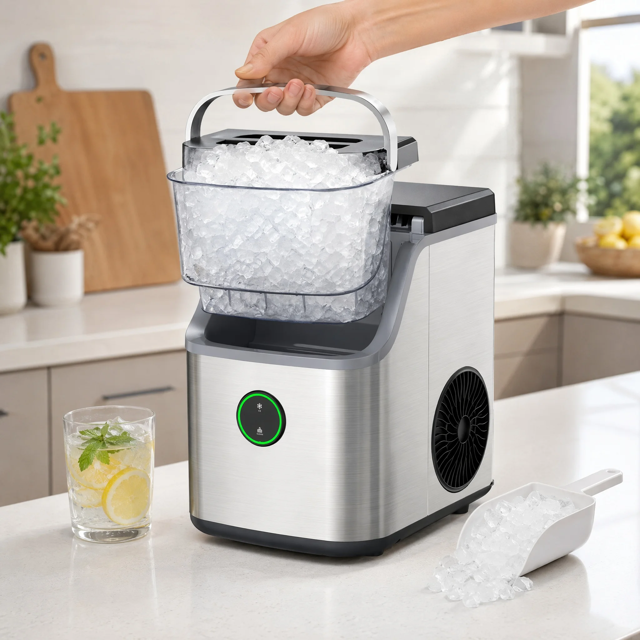 Nugget Ice Maker Countertop, Ice Basket with Handle, Quiet Operation & Self Cleaning Ice Machine, Chewable Ice, 33 Lbs/24H, Portable Pellet Ice Maker with Scoop for Home, Kitchen and Office image 5