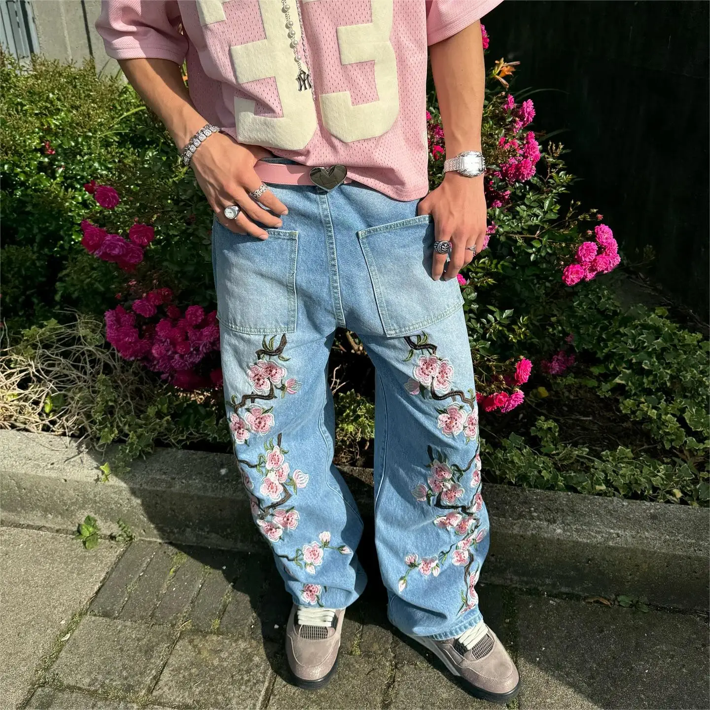 Korean Street Fashion Flower Pattern Baggy Jeans Trend High Street Hip-hop Blue Washed for Men's Versatile Straight Trousers