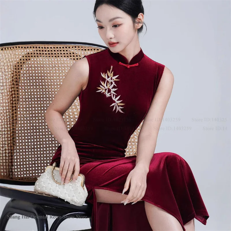 

Женское бархатное длинное платье-ципао в винтажном классическом китайском стиле, костюм для выступлений на Китайский Новый год, сексуальное платье с вышивкой