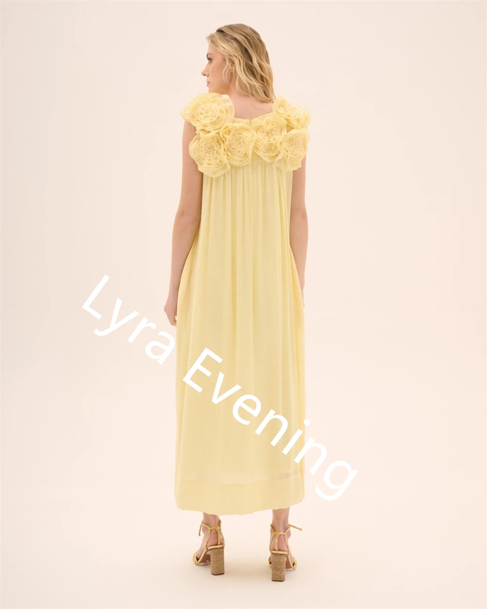 Vestido de noite de chiffon amarelo temperamento personalizado com decote em v sem mangas vestido de baile flores requintado