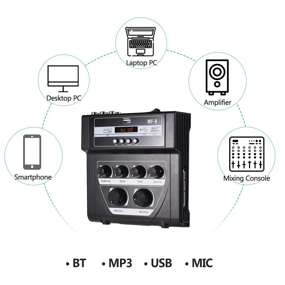 Household Audio Mixer Sound Card bluetooth Karaoke Microphone Stereo Echo Mixer Support Record  Mixing Console USB MP3 Playback