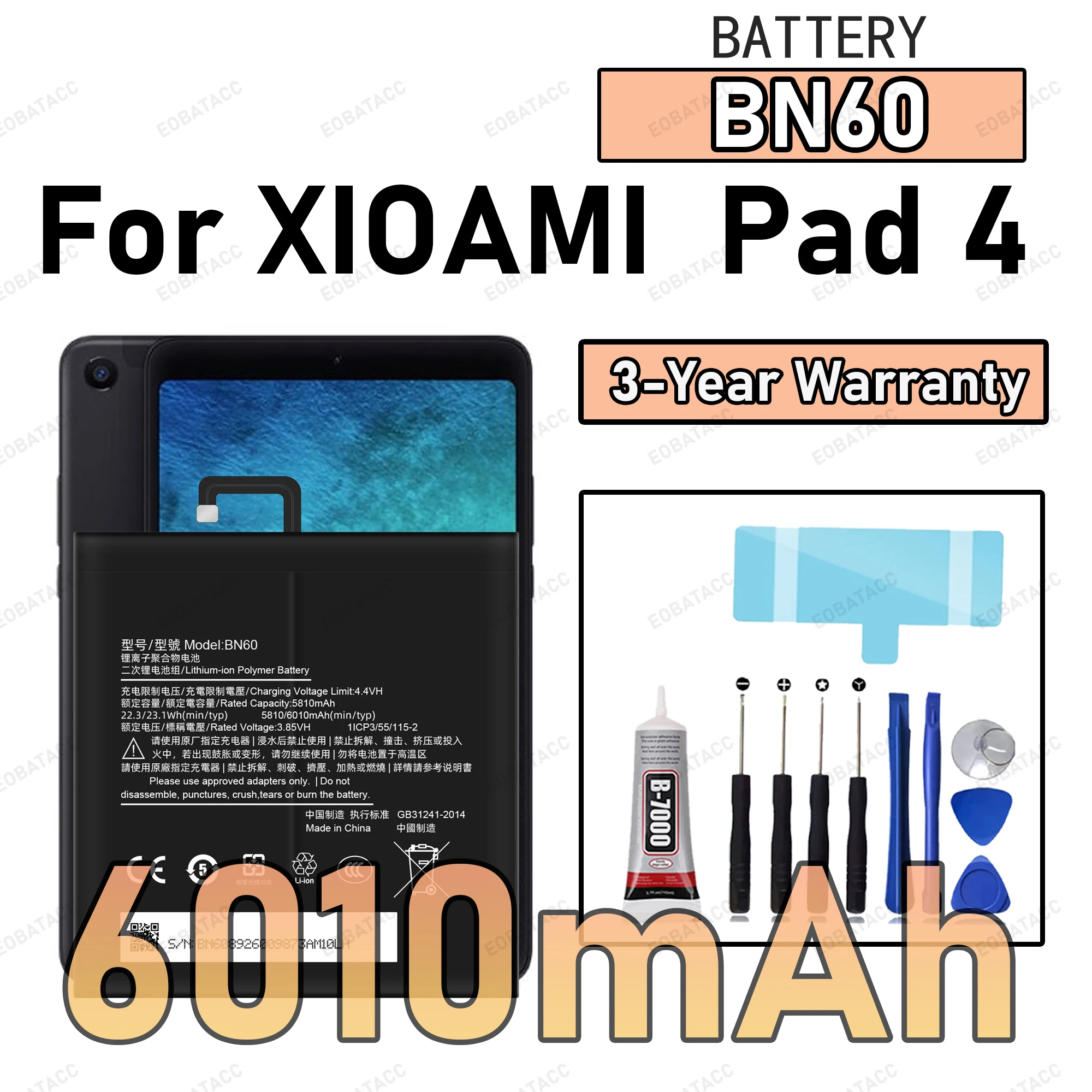 

100% New Zero Cycle BN60 Battery For XIAOMI Pad 4 Phone Replacement Bateria +Free Tools