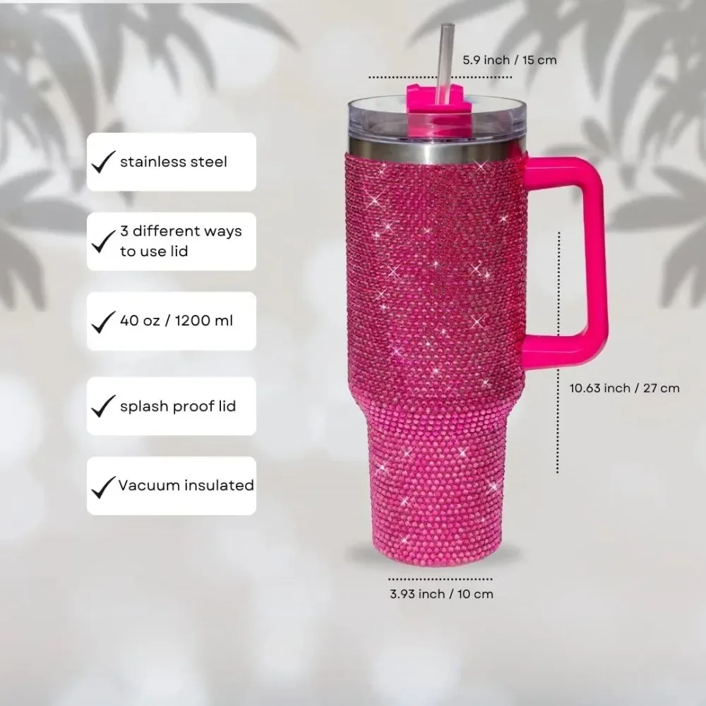 40oz Rhinestone Tumbler Straw Cup Stainless Steel Glitter Diamond Women Coffee Mug Large Travel Car Shiny Thermoses Water Bottle