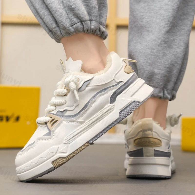 

Men's Platform Sneakers Autumn Winter Plush Thicken Outdoor Non Slip Cotton Shoes Comfortable Trendy Lace Up Casual Board Shoes